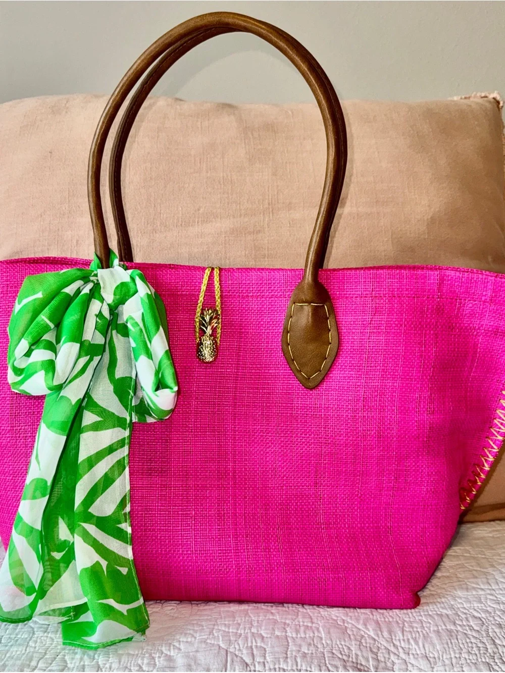 Lilly Pulitzer for Target Hot Pink Straw Tote with Brown Handles & Green Scarf - Picture 1 of 7